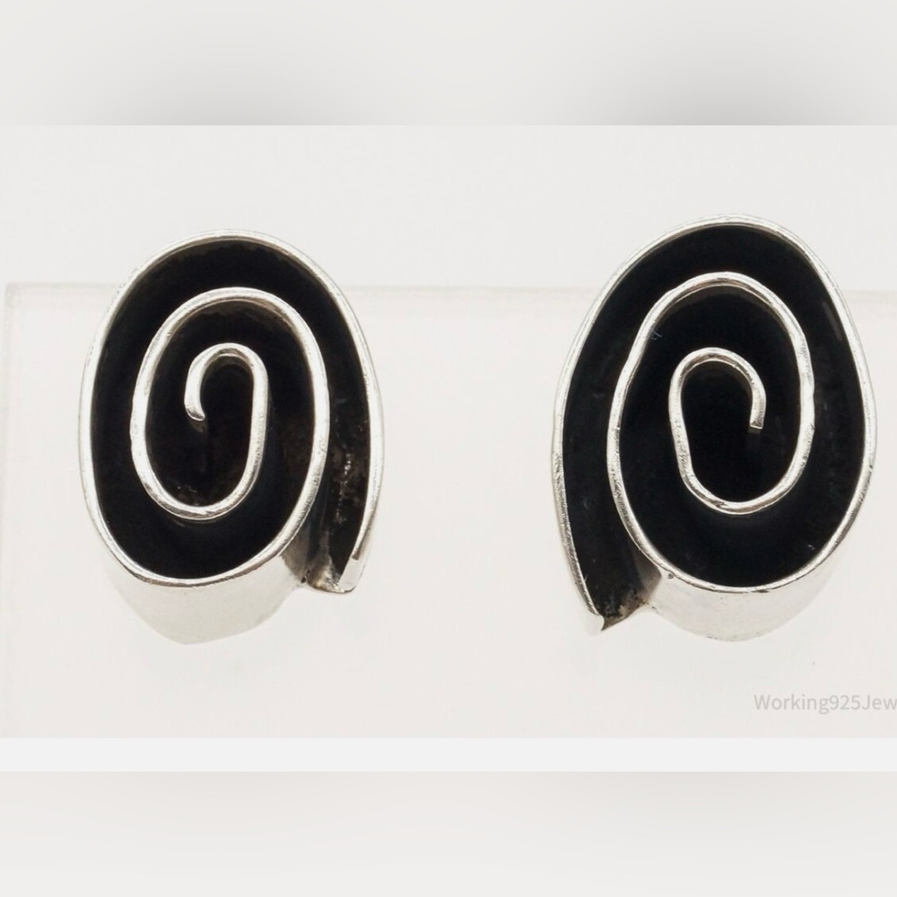 Vintage Artisan Modernist Spirals Sterling Silver Clip Earrings made in Mexico